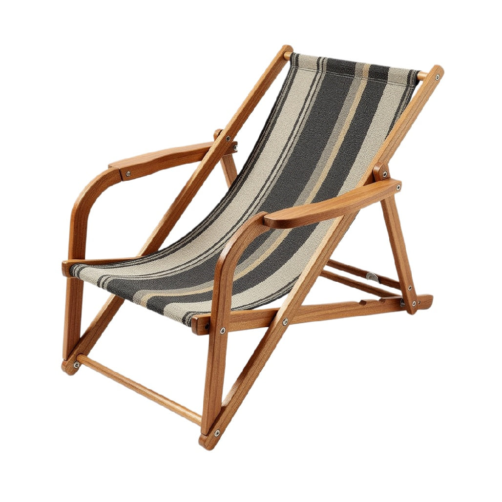 Compact Folding Deck Chair with Striped Fabric and Wooden Frame